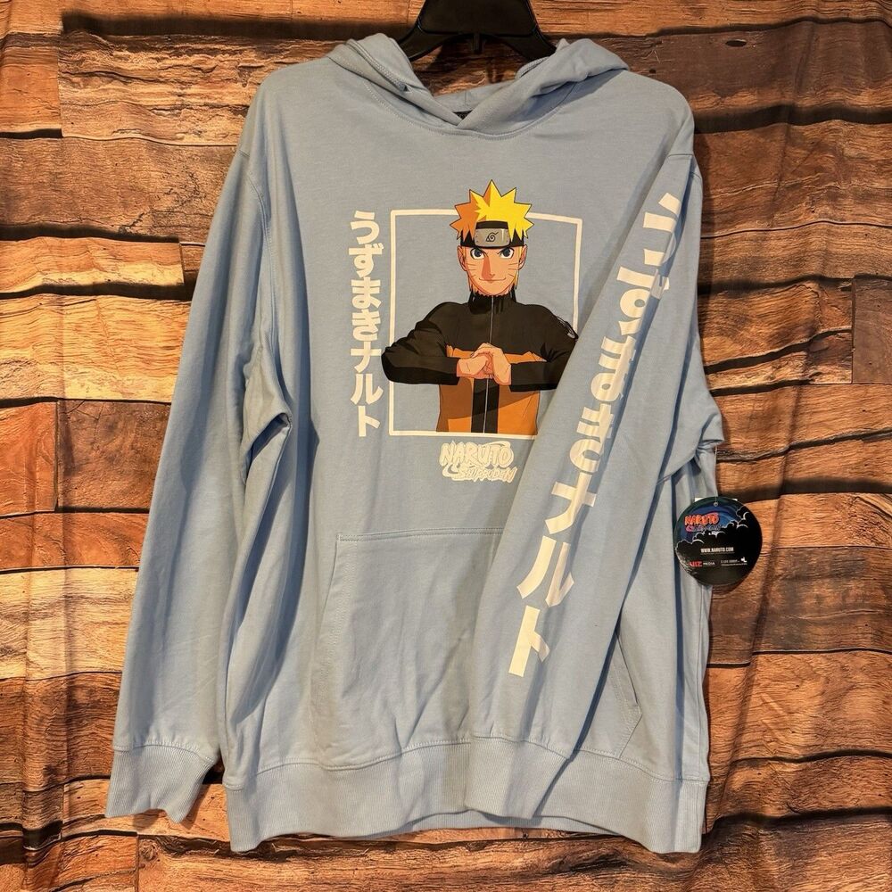 Naruto Shippuden Hoodie Mens Large L Blue Ichiraku Ramen Shop Anime Graphic NWT